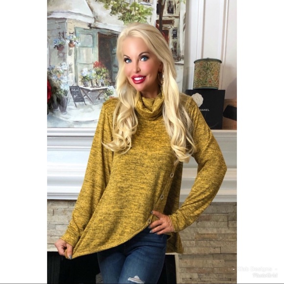 ❤️LAST 1! Mustard Cowl Neck Top with Button Detail - Picture 2 of 6